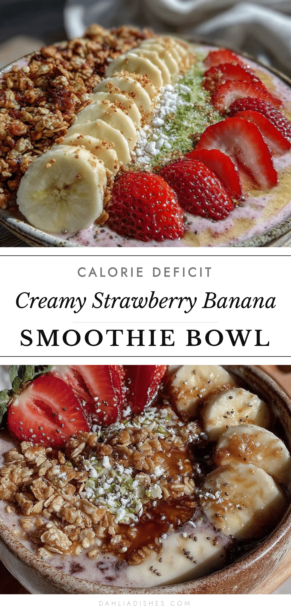 healthy calorie deficit strawberry banana protein smoothie bowl recipe