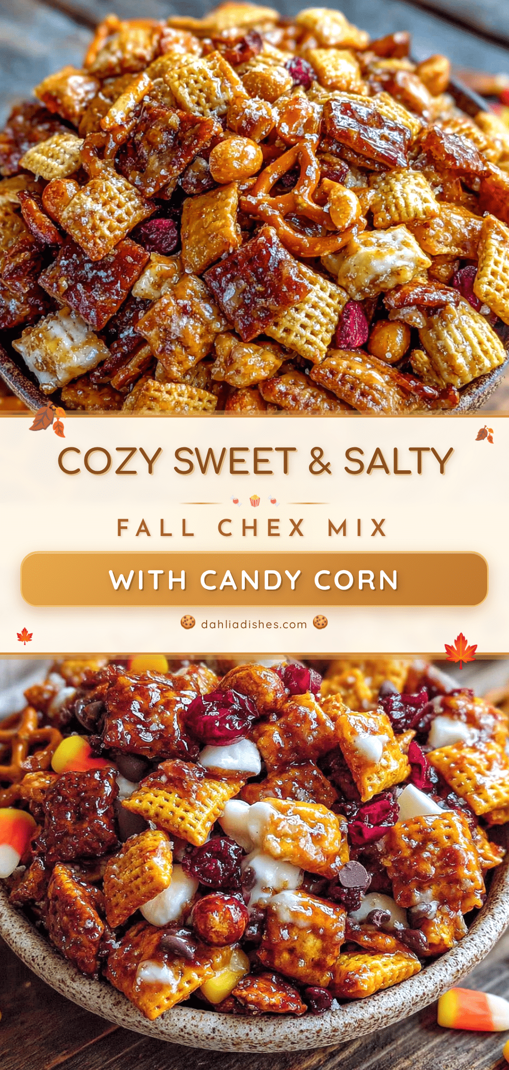 cozy sweet and salty fall chex mix with candy corn recipe