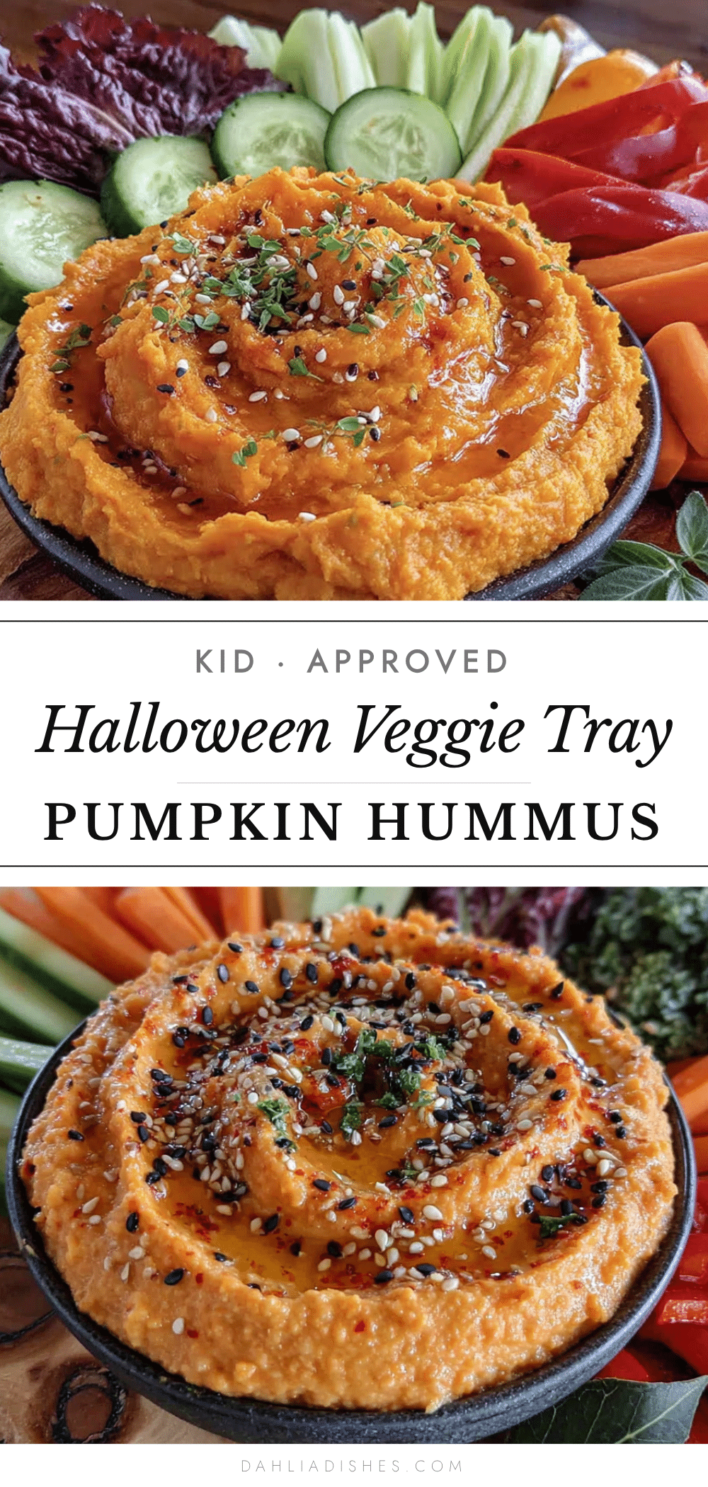Easy Halloween Veggie Tray with Pumpkin Hummus recipe